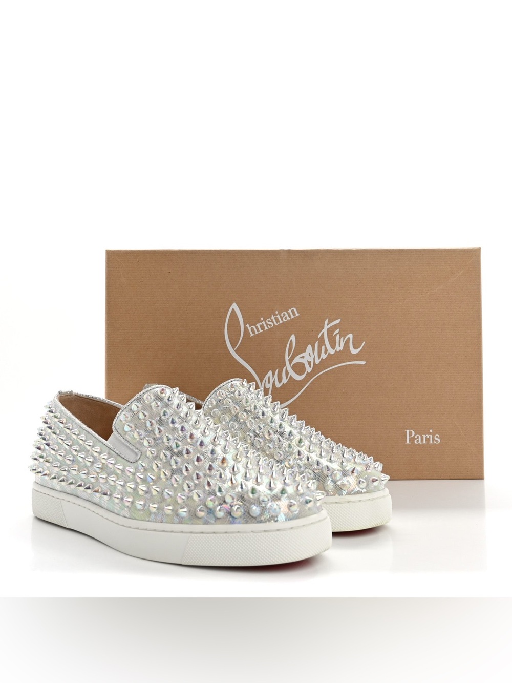 Christian Louboutin Iridescent Spike Slip-On Sneakers - White/Silver